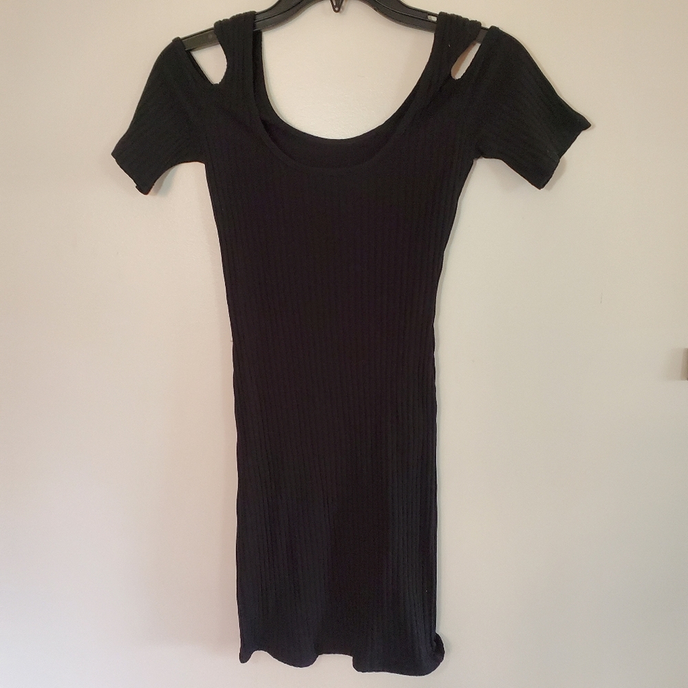 Walter Baker Ribbed Cotton Blend Black Mini Dress Cold Shoulder Stretch Size XS